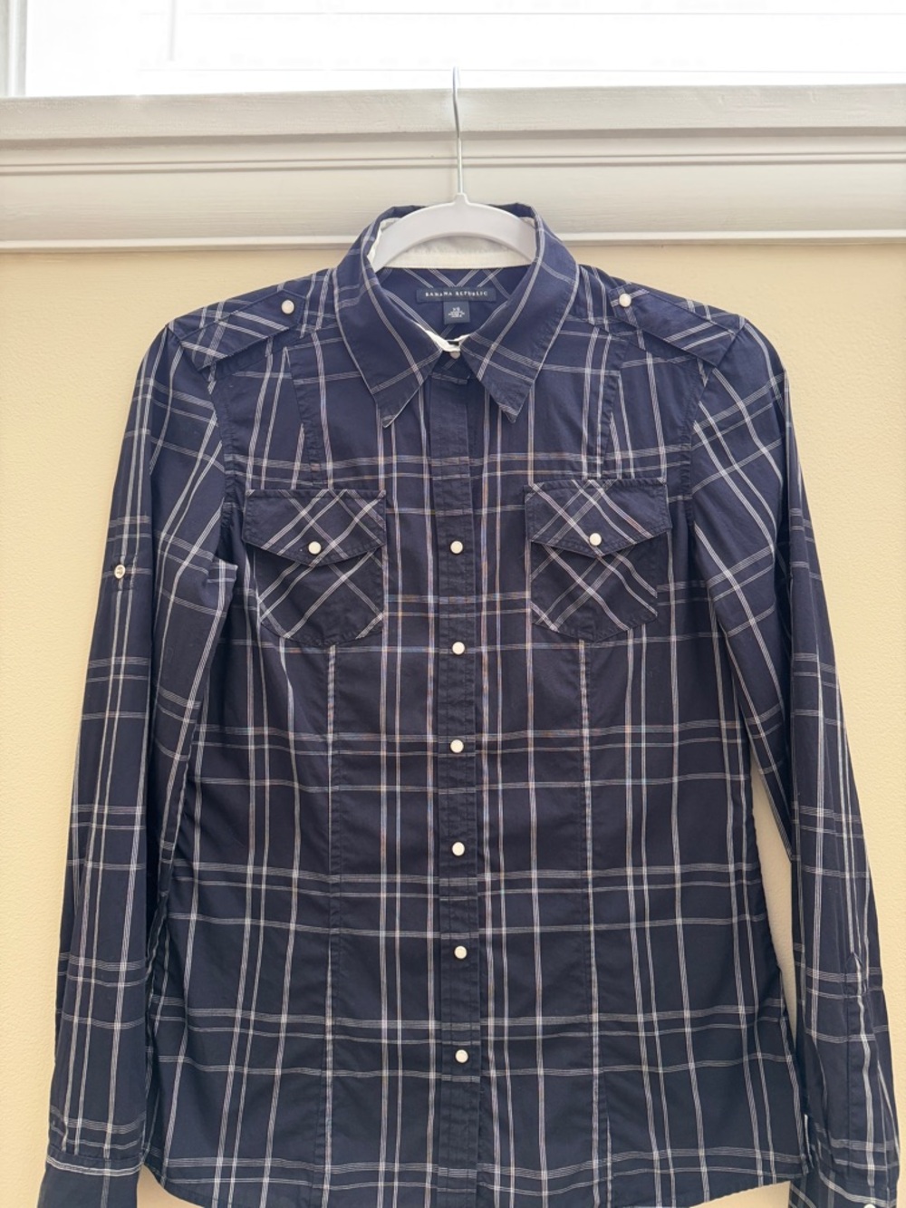 Banana Republic Navy and White Plaid Button-Down Shirt